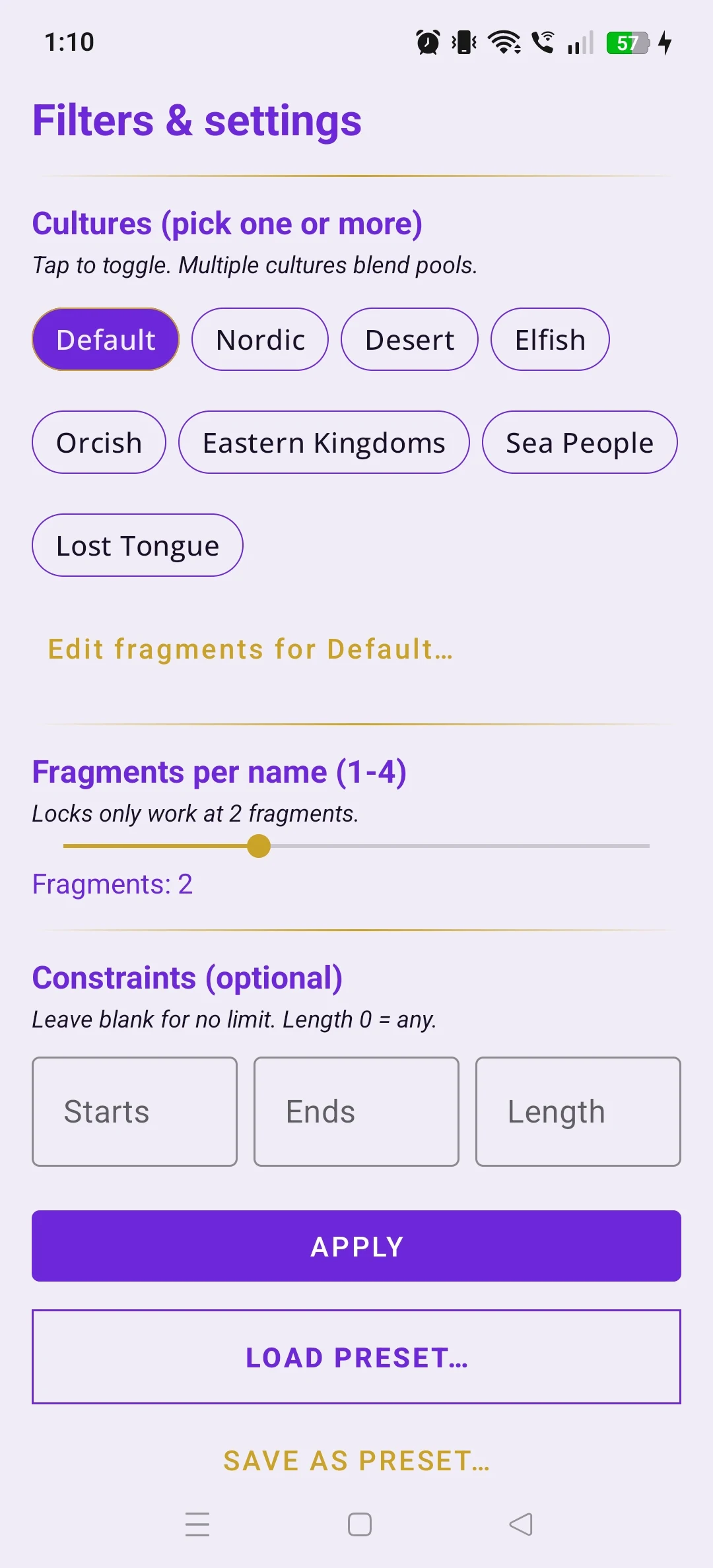 Fantasy World Generator: name generator with culture pools and presets