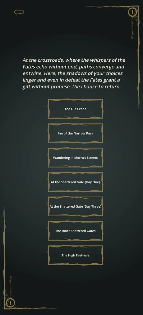 The game’s Crossroads screen listing seven saved forks, one of them held down, then a prompt asking to rewind time to The Old Crone.
