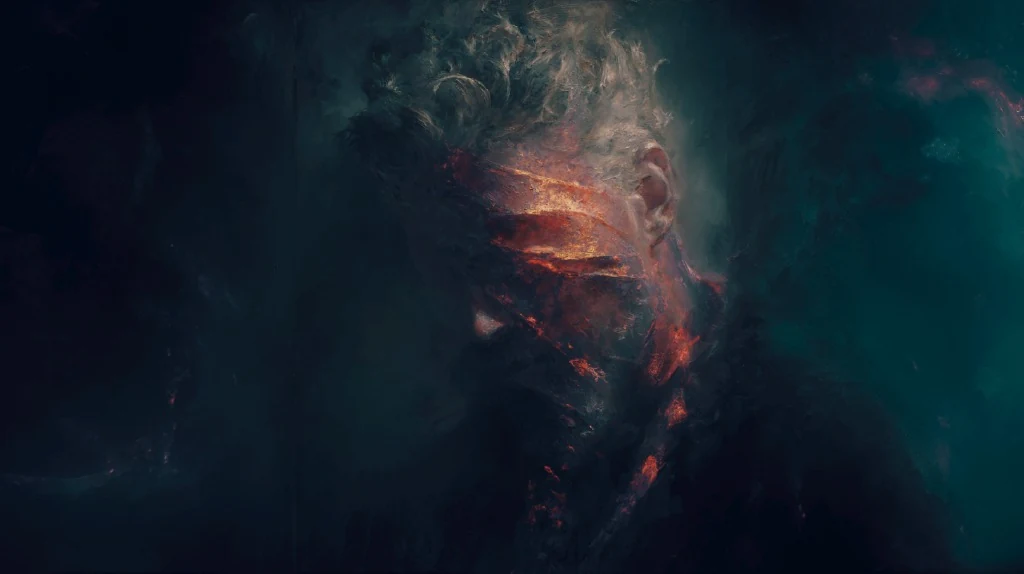 A painted close-up of a grizzled man in the dark, one side of his face ruined and lit red.