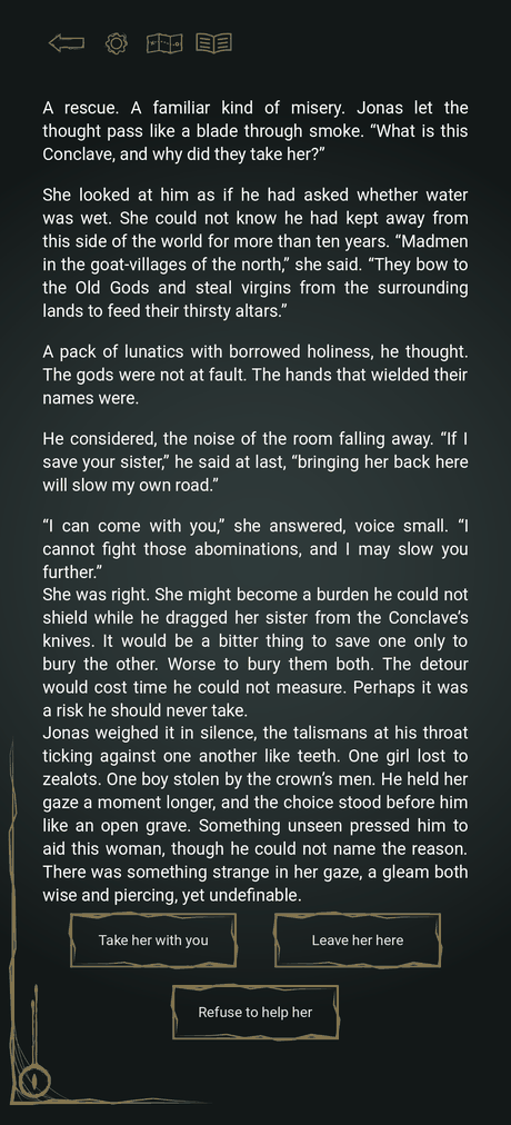 A chapter of the game in which a woman asks Jonas to save her sister from the Conclave, ending in three choices, followed by the chapter where he refuses and tells himself someone else will help.