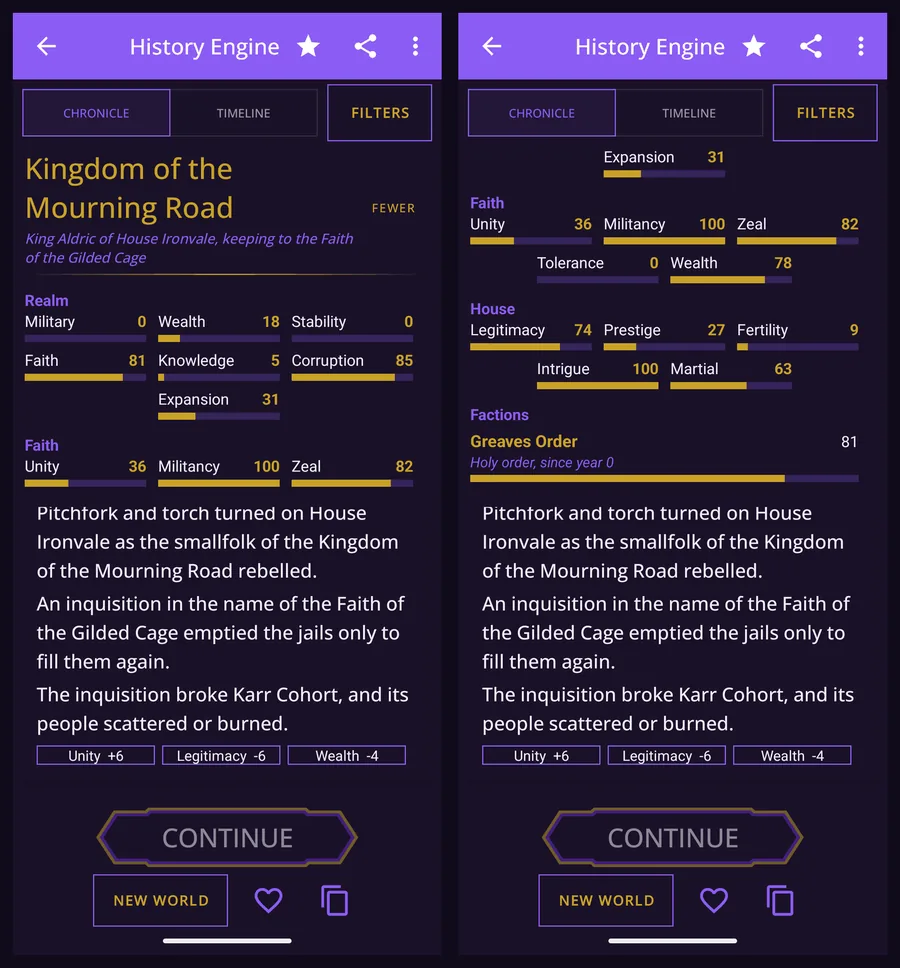 The History Engine's full stat block for the Kingdom of the Mourning Road after 120 years, with realm, faith and house statistics from 0 to 100.