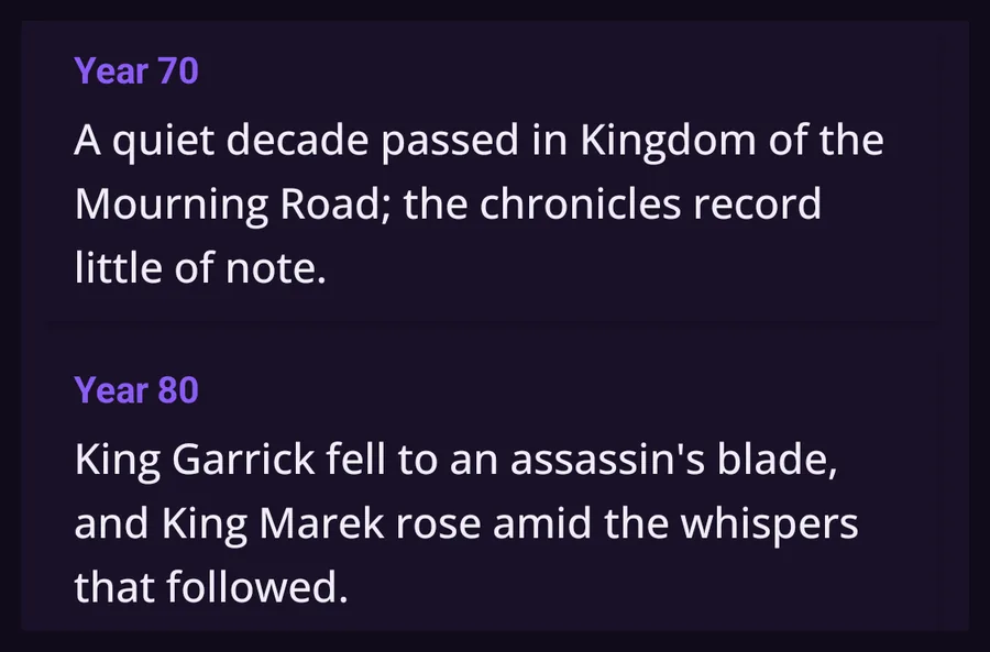 Two decade cards. Year 70: a quiet decade passed in Kingdom of the Mourning Road; the chronicles record little of note. Year 80: King Garrick fell to an assassin's blade.