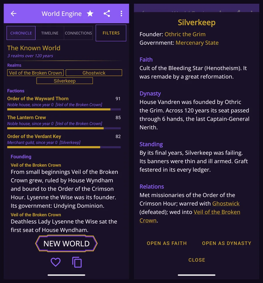 The World Engine overview of three realms beside Silverkeep's realm page, listing its faith, dynasty, standing and its ties to the other two realms.
