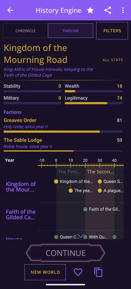 The History Engine timeline opened full screen, an event expanded to its full text, then the same chronicle opened as an editable timeline in the Timeline Maker.