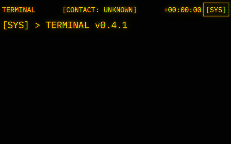 The terminal starting up. Amber lines report a buffer allocated, a spectrum scan with an anomaly detected, an unstable carrier lock and a session ready. Below them an unknown contact types in green: Is there anyone on the other side of this?