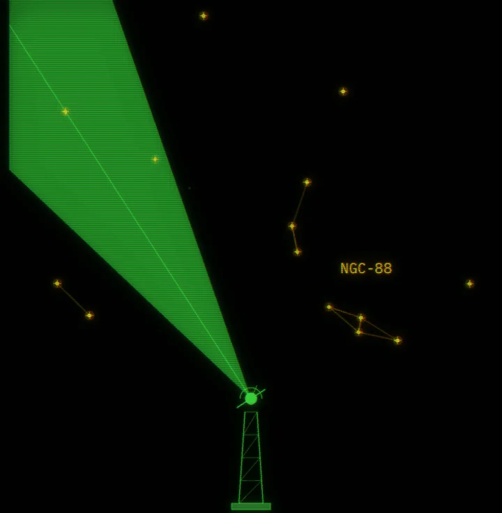 A beacon tower sweeps a green beam across a dark sky. Signals caught in the beam are tapped one by one, turn amber and join constellations, and a new one is named U-6880 on screen.