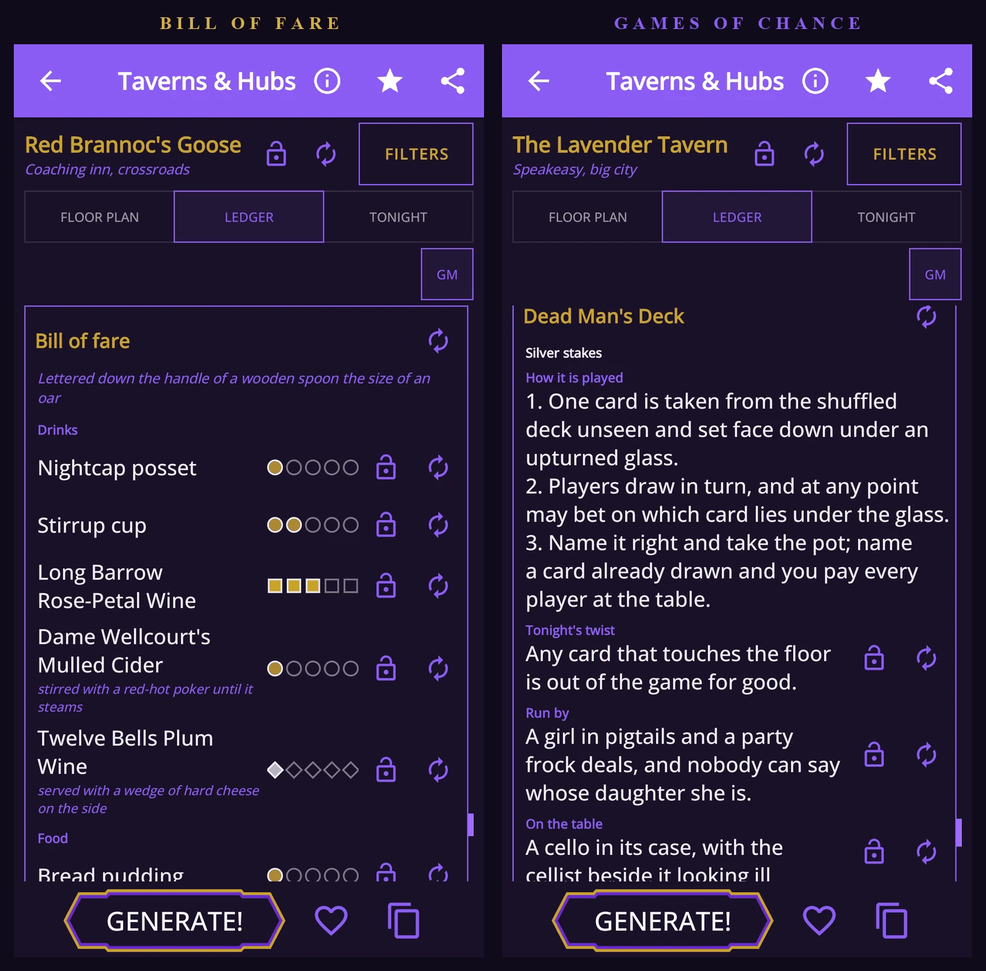 The Ledger of Red Brannoc's Goose showing its bill of fare with tier pips for prices, beside the Ledger of the Lavender Tavern showing the rules of Dead Man's Deck.