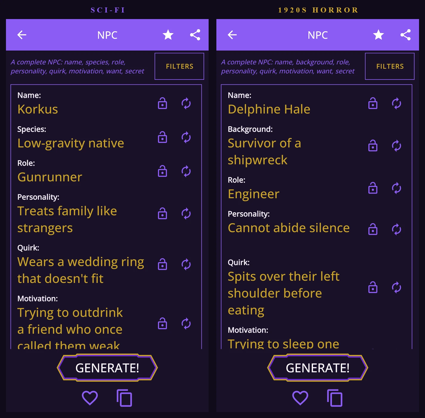 The NPC generator showing Korkus, a low-gravity native gunrunner, in sci-fi, beside Delphine Hale, an engineer who survived a shipwreck, in 1920s horror.