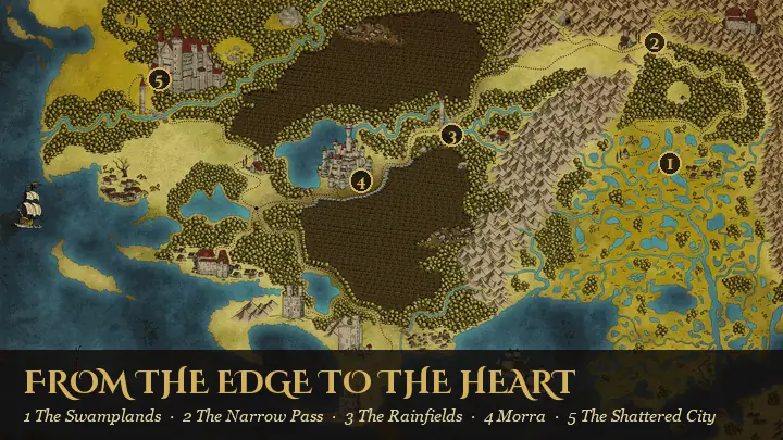 The game’s map moving from the eastern Swamplands through the Narrow Pass, the Rainfields and Morra to the Shattered City, each place marked and named.
