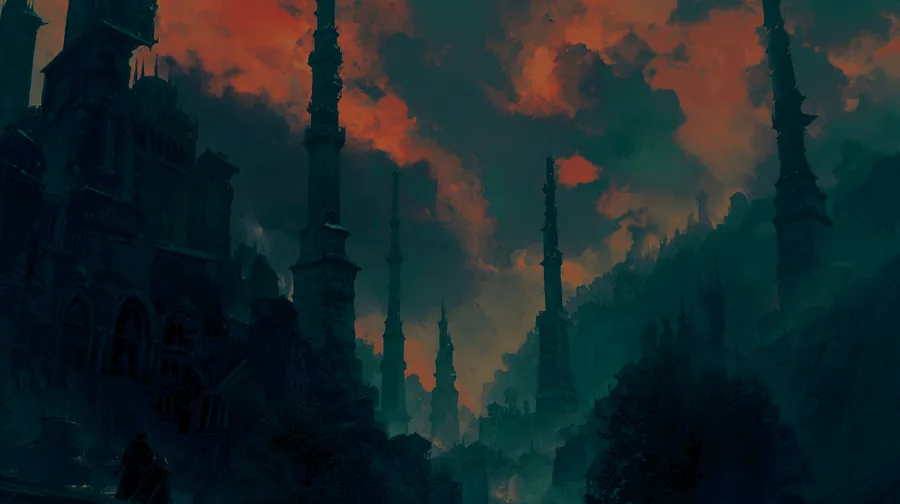 Spires and towers of a vast city under a red and black sky.