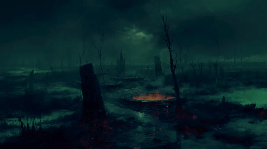 A green-lit bog of dead trees and standing water, with a single fire burning at its centre.