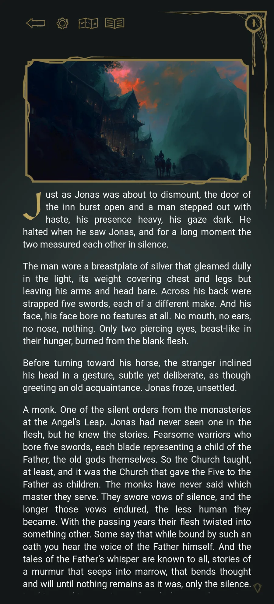 A chapter of the game showing an inn in a mountain pass, above text describing a faceless monk with five swords strapped across his back.