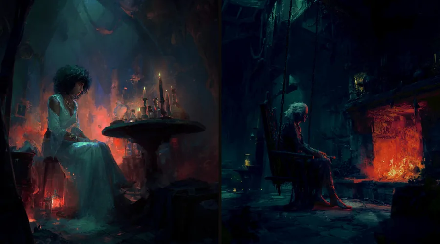 Two chapter illustrations side by side: a young witch at a candlelit table of vials, and an old woman sitting by a fire in a ruined hut.