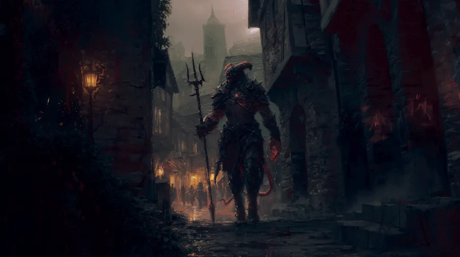 An armoured, horned demon carrying a trident, walking down a lamplit city street with figures further along it.