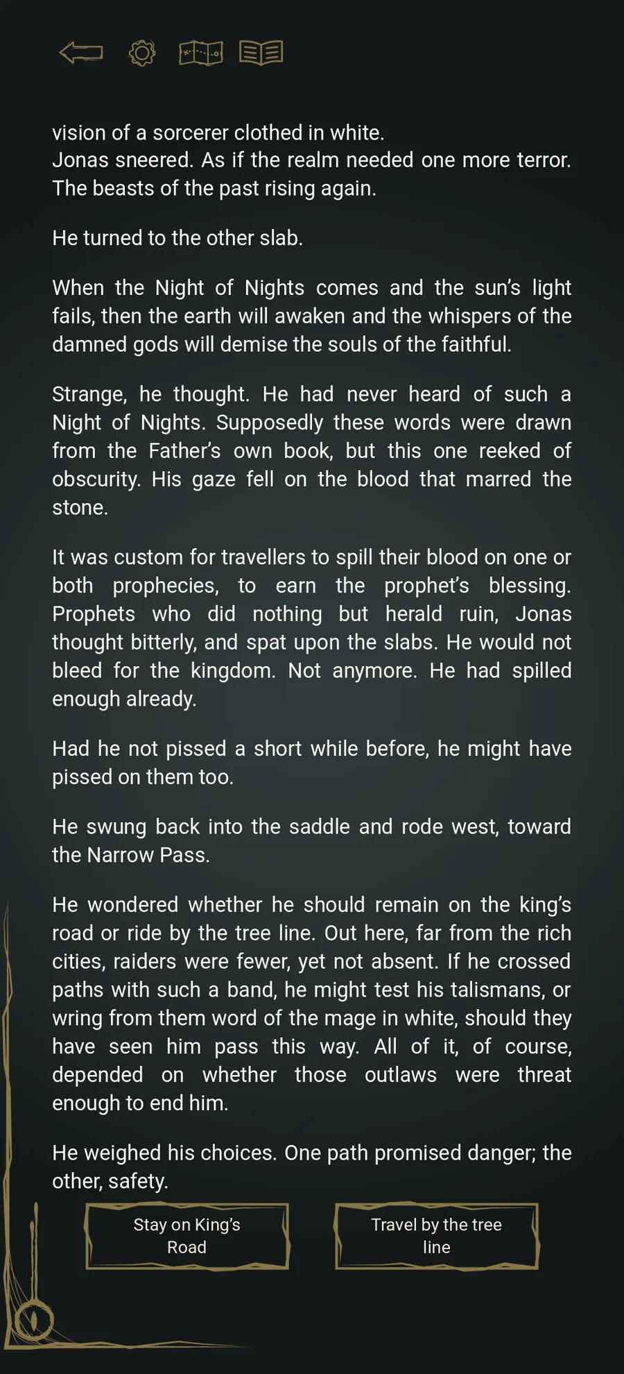 A chapter of the game at a crossroads, showing the Night of Nights prophecy and the custom of travellers spilling blood on the stones.