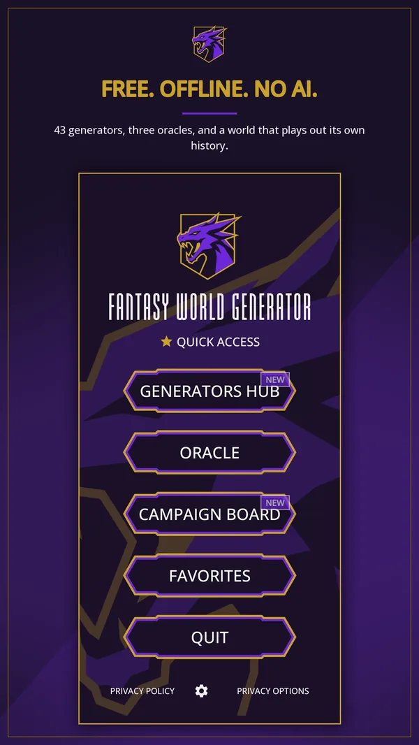 Fantasy World Generator: the main hub, free and offline with no AI
