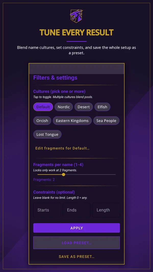 Fantasy World Generator: name culture filters and saved presets