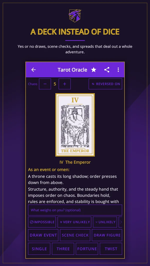 Fantasy World Generator: the Tarot Oracle, a deck instead of dice