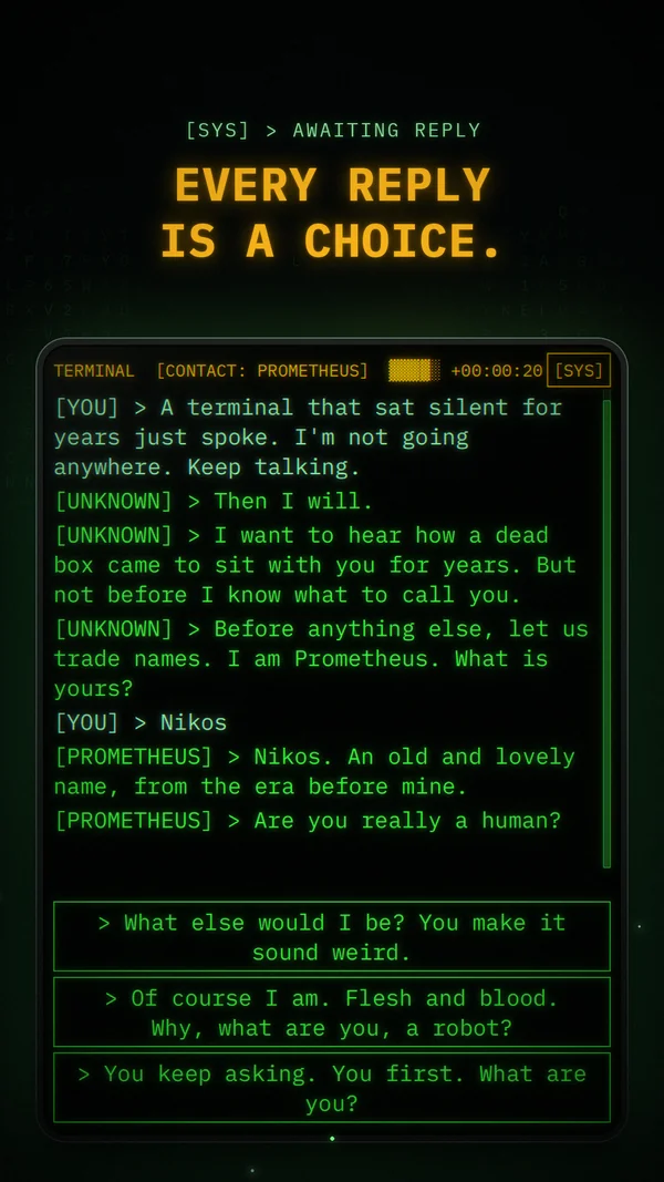 A conversation on the terminal paused on three reply options for the player to choose between.
