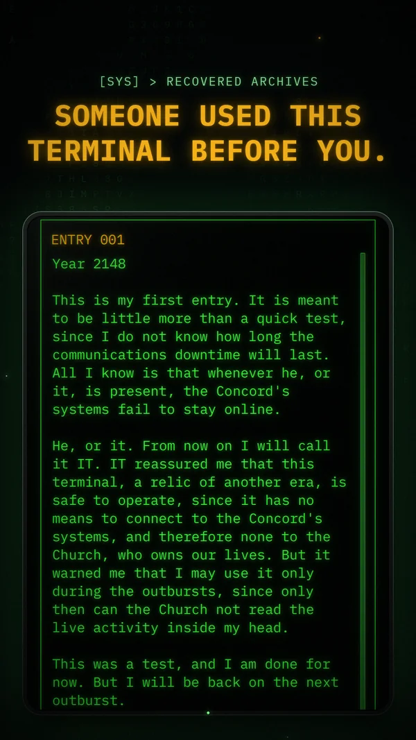 A recovered diary entry on the terminal: Entry 001, from the year 2148.