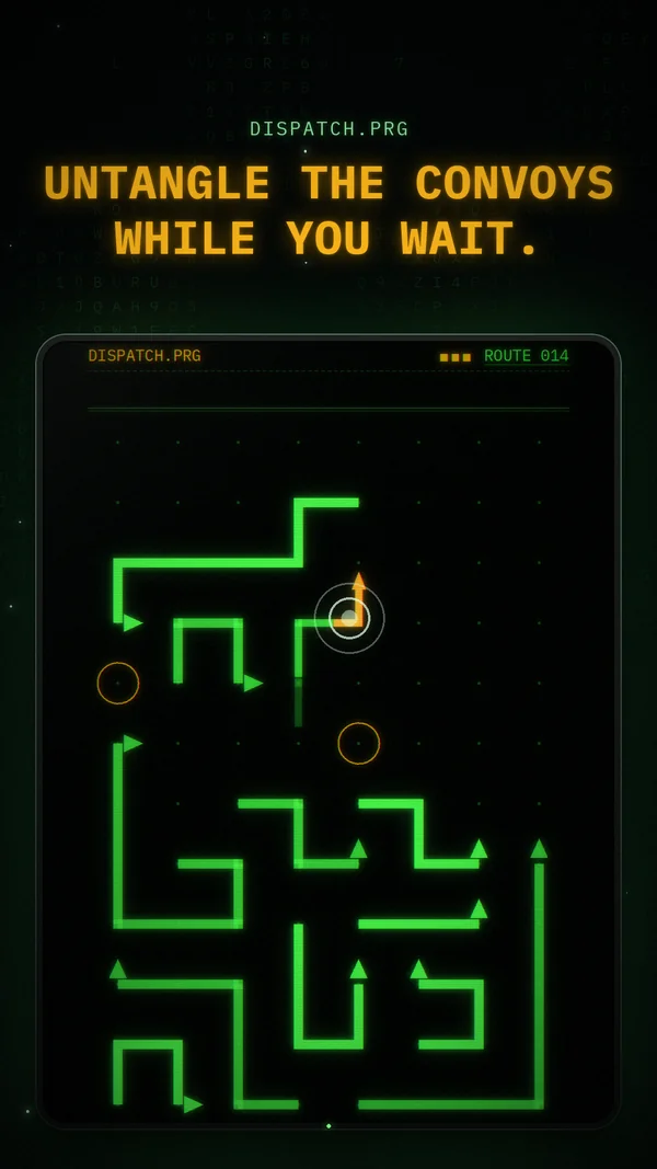 The DISPATCH puzzle: green convoy routes tangled across a grid, one lane at a time.