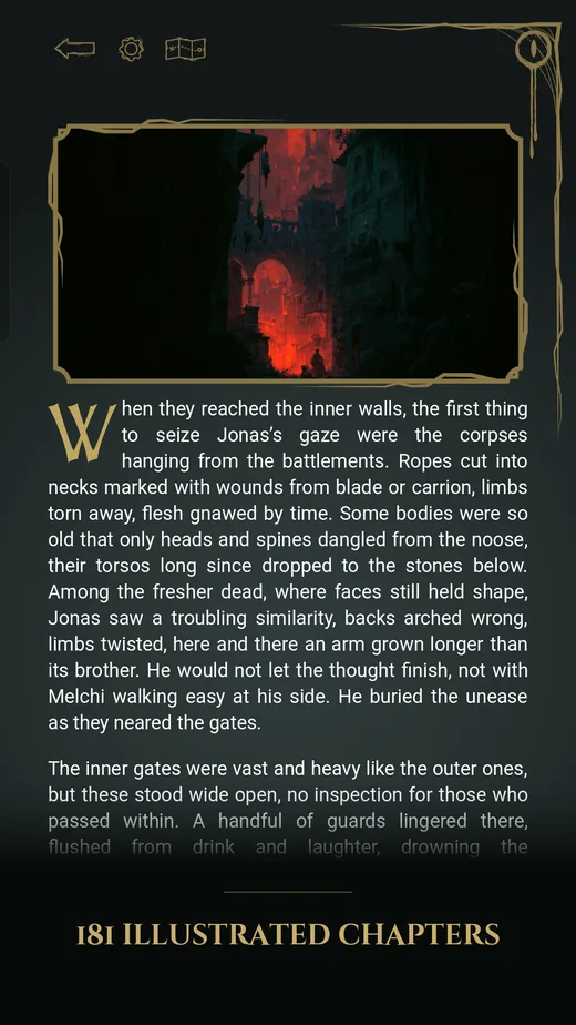 A chapter of The Red Tomorrow on a phone, illustrated artwork above the prose