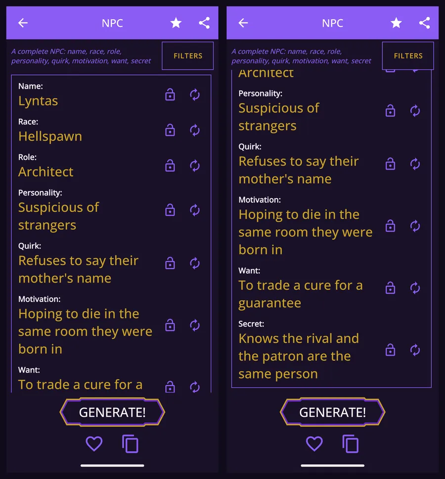 A generated NPC, Lyntas, showing name, race, role, personality, quirk and motivation, then scrolled to reveal a Want and a Secret.