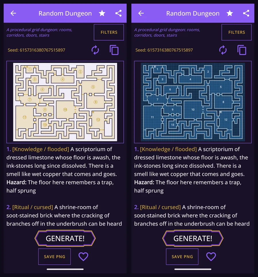 The same procedural dungeon drawn twice from one seed, once in the hand-drawn parchment style and once as a blueprint schematic, with the numbered room key below both.