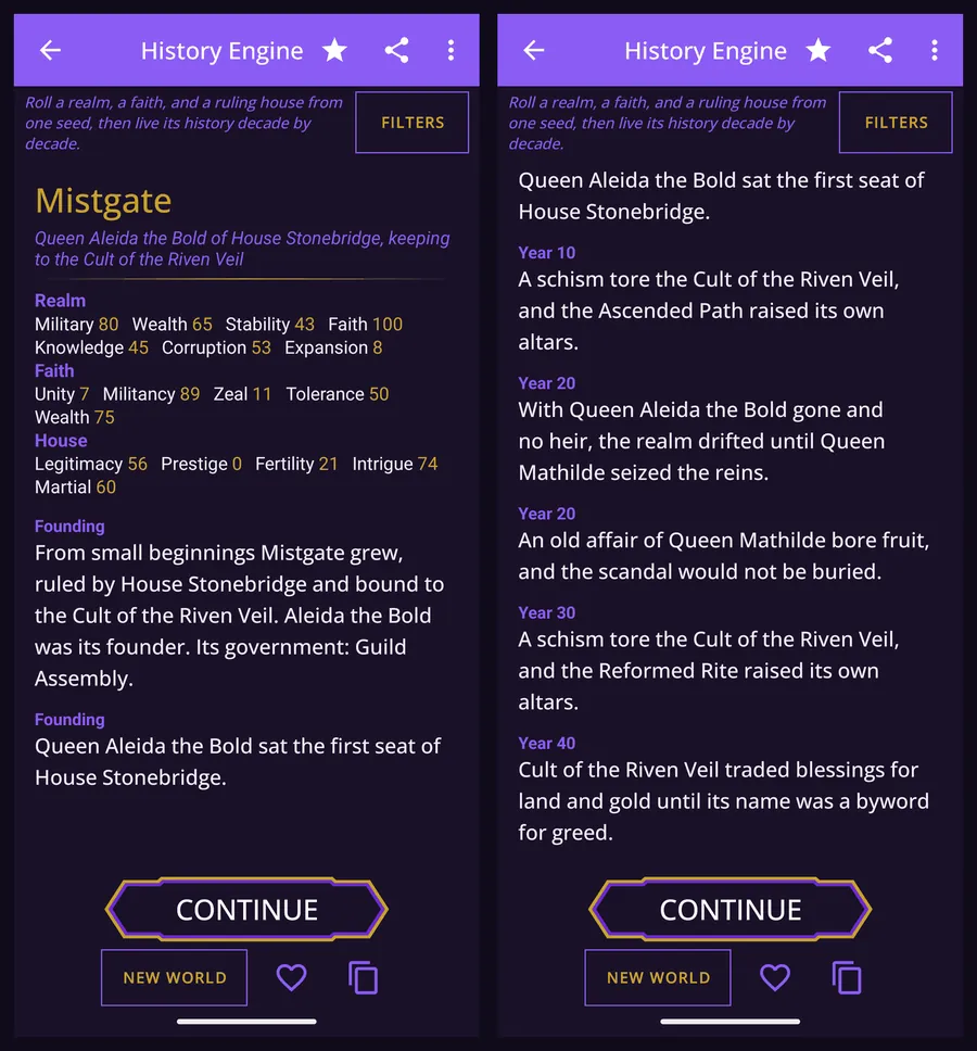 The History Engine showing the realm Mistgate with its realm, faith and house statistics and its founding entries, then the chronicle entries for years 10 through 40.