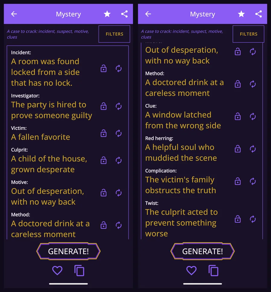 A generated mystery showing incident, investigator, victim, culprit, motive and method, then the clue, the red herring, the complication and the twist.