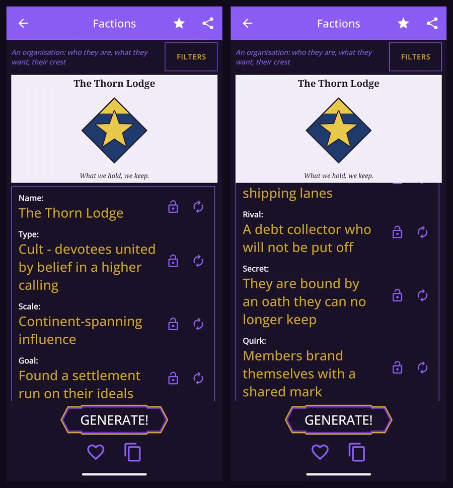A generated faction called The Thorn Lodge with its own crest and the motto “What we hold, we keep”, showing its type, scale and goal, then its rival, its secret and its quirk.