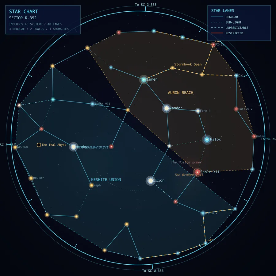 A circular science-fiction sector chart showing named star systems, trade lanes in four styles, political borders, nebulae, a black hole and exits at the rim.