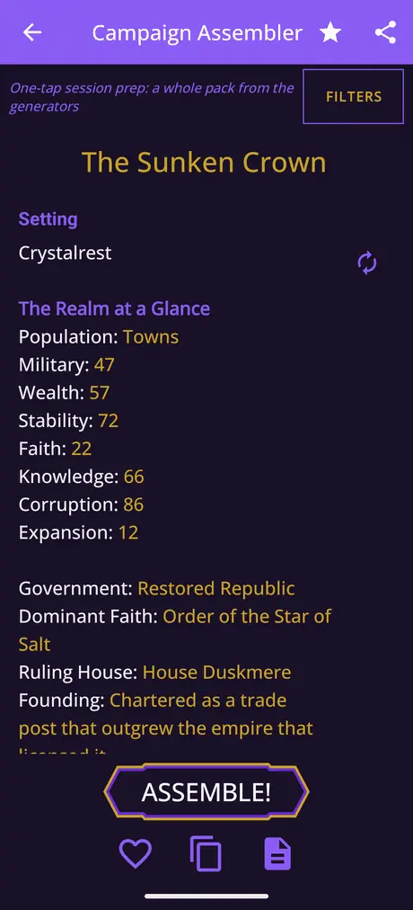 The Campaign Assembler rolling a full session pack and then rerolling a single entry, the omen, while the rest of the pack stays put.