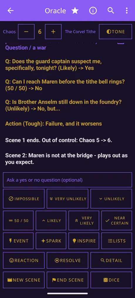 A question typed into the Oracle, the Very Likely odds button pressed, and the answer "Yes, but..." appearing in the journal.