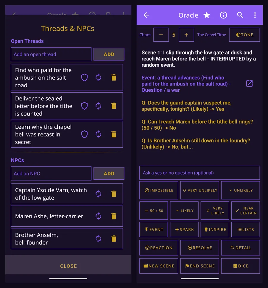 The Threads and NPCs lists beside a journal where a random event advanced one of those exact threads.
