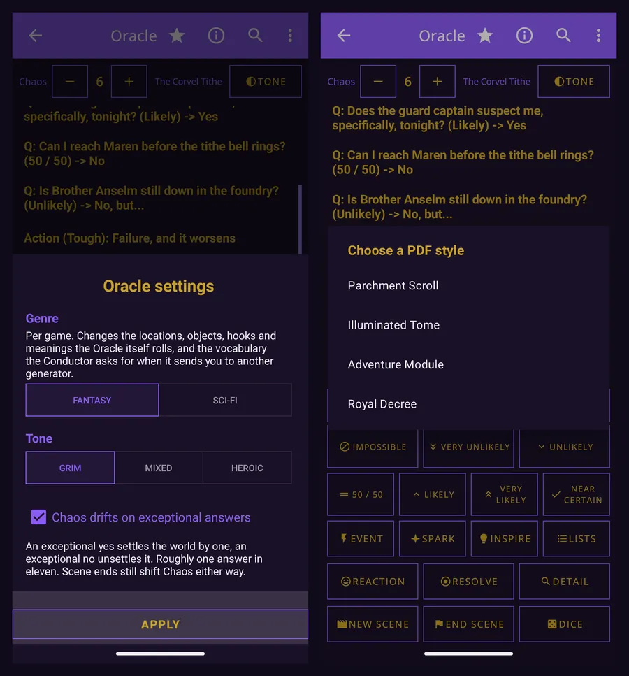 The Oracle's per-game genre and tone settings beside the PDF style chooser listing Parchment Scroll, Illuminated Tome, Adventure Module and Royal Decree. Notes Sections deliberately left without an image.