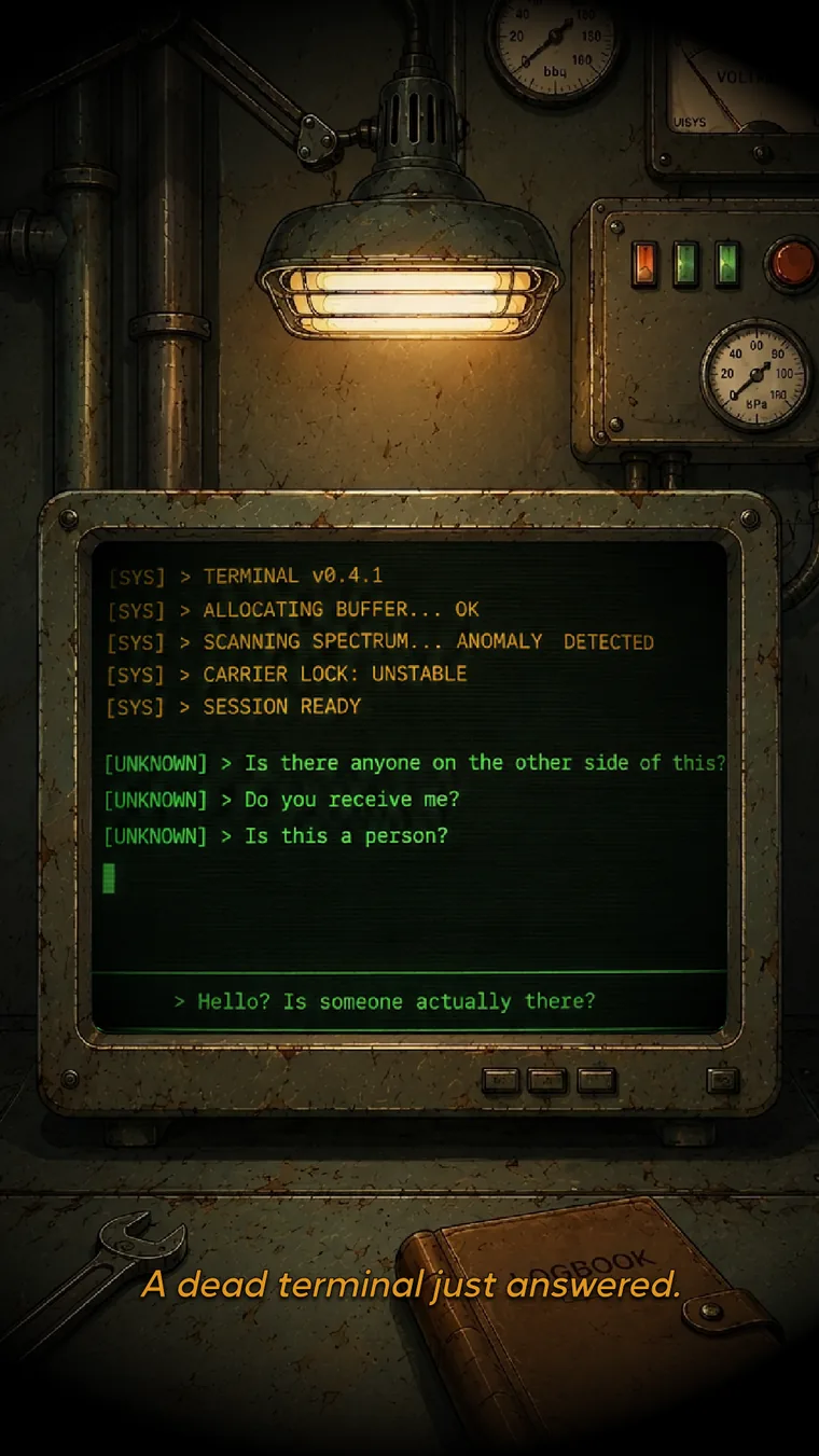 A battered terminal in a machine room, green text on the screen where an unknown caller asks whether anyone is on the other side.
