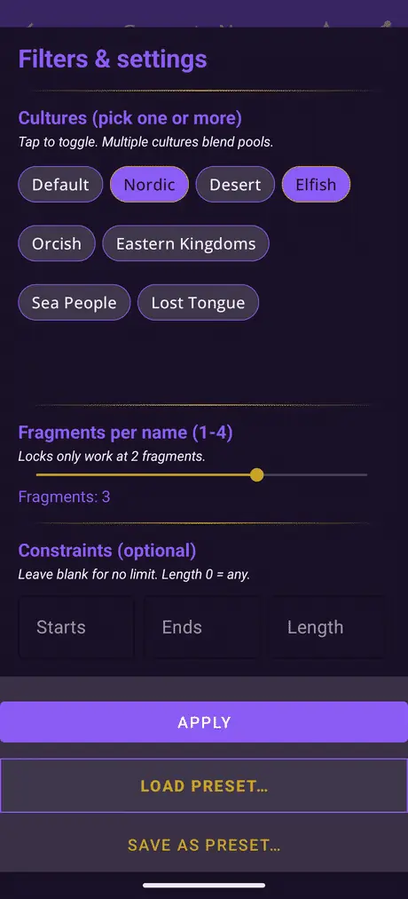 The name generator's filter sheet with Nordic and Elfish selected and fragments set to 3, followed by two pages of generated names.