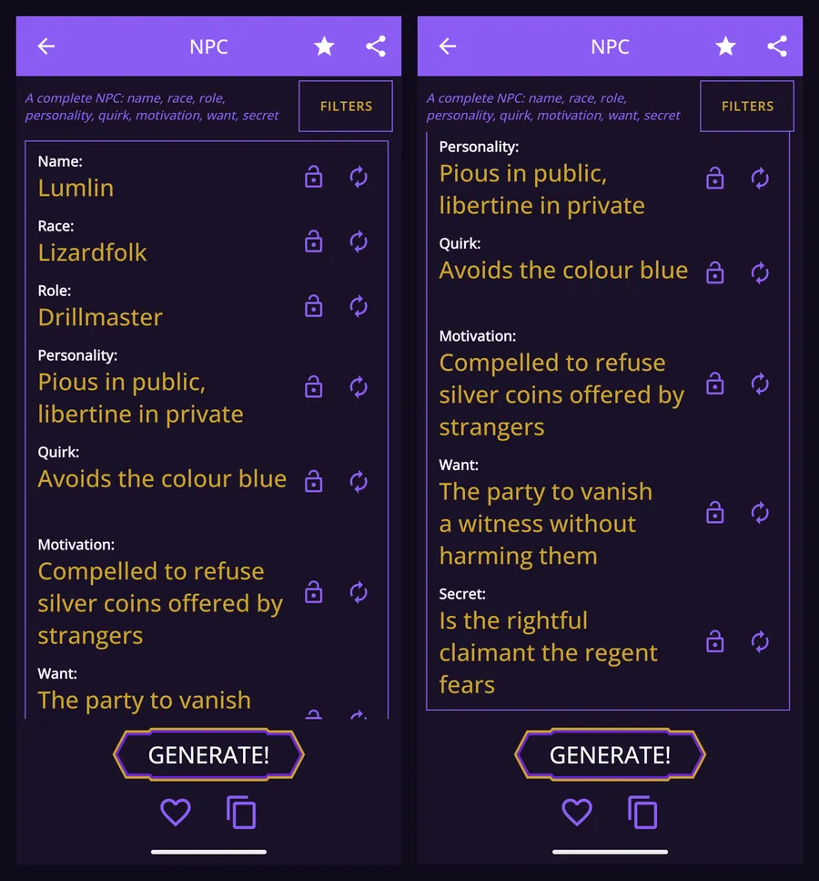 A generated NPC showing name, race, role, personality and quirk, scrolled to reveal a Want and a Secret.