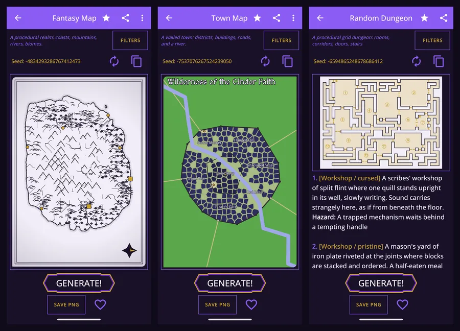 Three phone screens side by side: a procedural continent map, a walled town map with named districts, and a grid dungeon with a numbered room key.