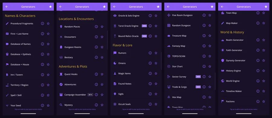Five consecutive screens of the app's generator list, covering names, locations, adventures, lore, maps and world history.