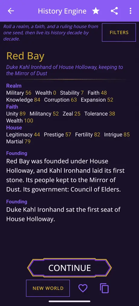The History Engine rolling out a realm's timeline decade by decade as CONTINUE is pressed.
